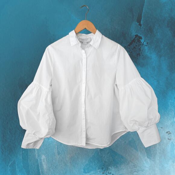 THE SHIRT Rochelle Beherens Molly Shirt White Puff Sleeve Button Down Medium - Picture 7 of 10